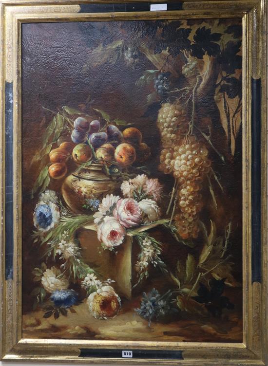 Continental School, still life of fruit and flowers, oil on canvas 99 x 68cm